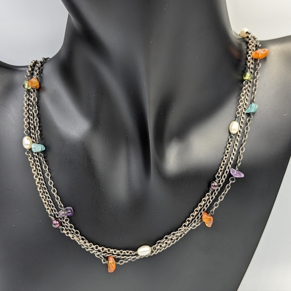 SILPADA 925 STERLING SILVER NECKLACE N1613 TRIPLE STRAND Pearl Multi Gemstones - Picture 3 of 10